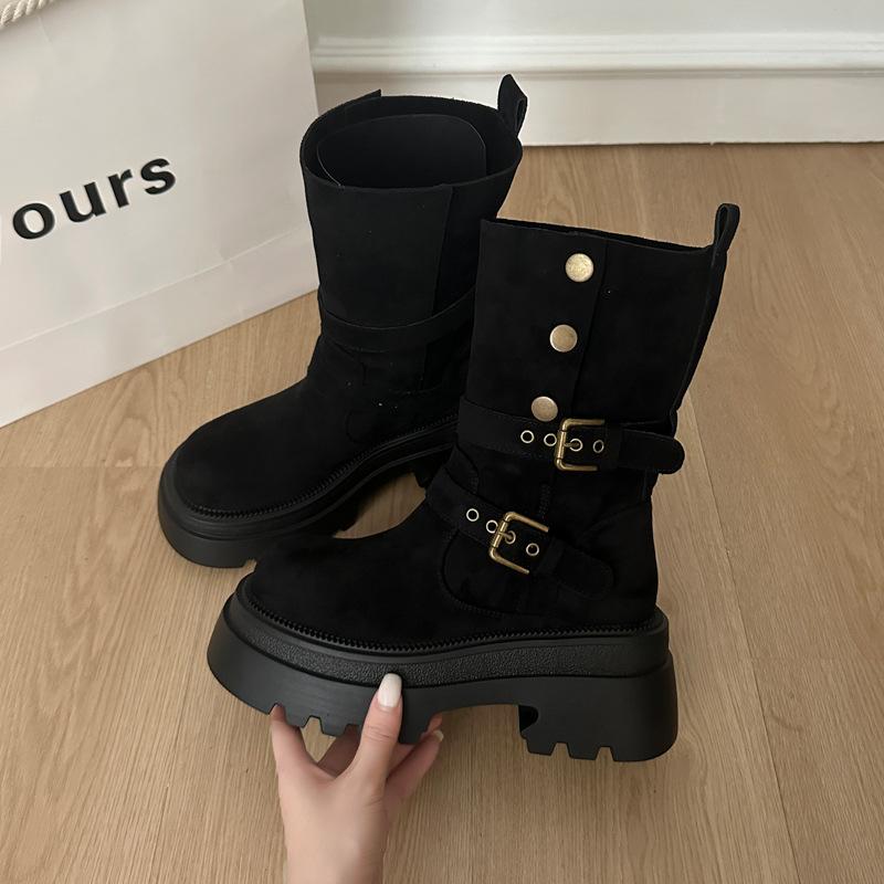 

Height-increasing retro Maillard Martin women s autumn and winter new models but knee two wear thick-soled thick-heeled western short 40