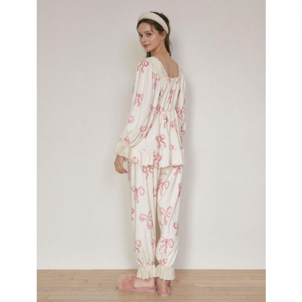 Lunaluz Long Sleeve Square Neck Two Piece Pajamas Women Mink Ribbon Span