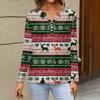 Women's Fashion Casual V-Neck Long Sleeve Decorative Button Christmas Print Top
