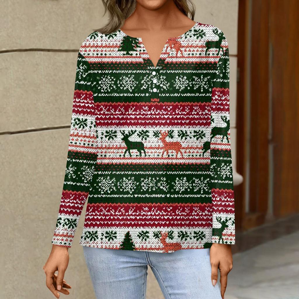 Women's Fashion Casual V-Neck Long Sleeve Decorative Button Christmas Print Top