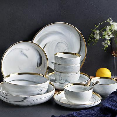 Marble Ceramics Plates and Bowls Set Dinnerware Sets Christmas Salad Dessert Bone China Dishes Round Tray White   Kitchen