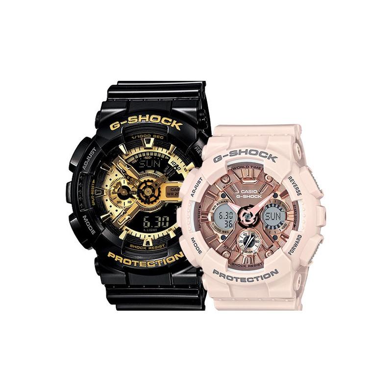 

Casio couple s watch is waterproof and shockproof, quartz movement, resin strap, Japanese and Korean watch, same style GMA-S120MF-4APR+GA-110GB-1APR золотий
