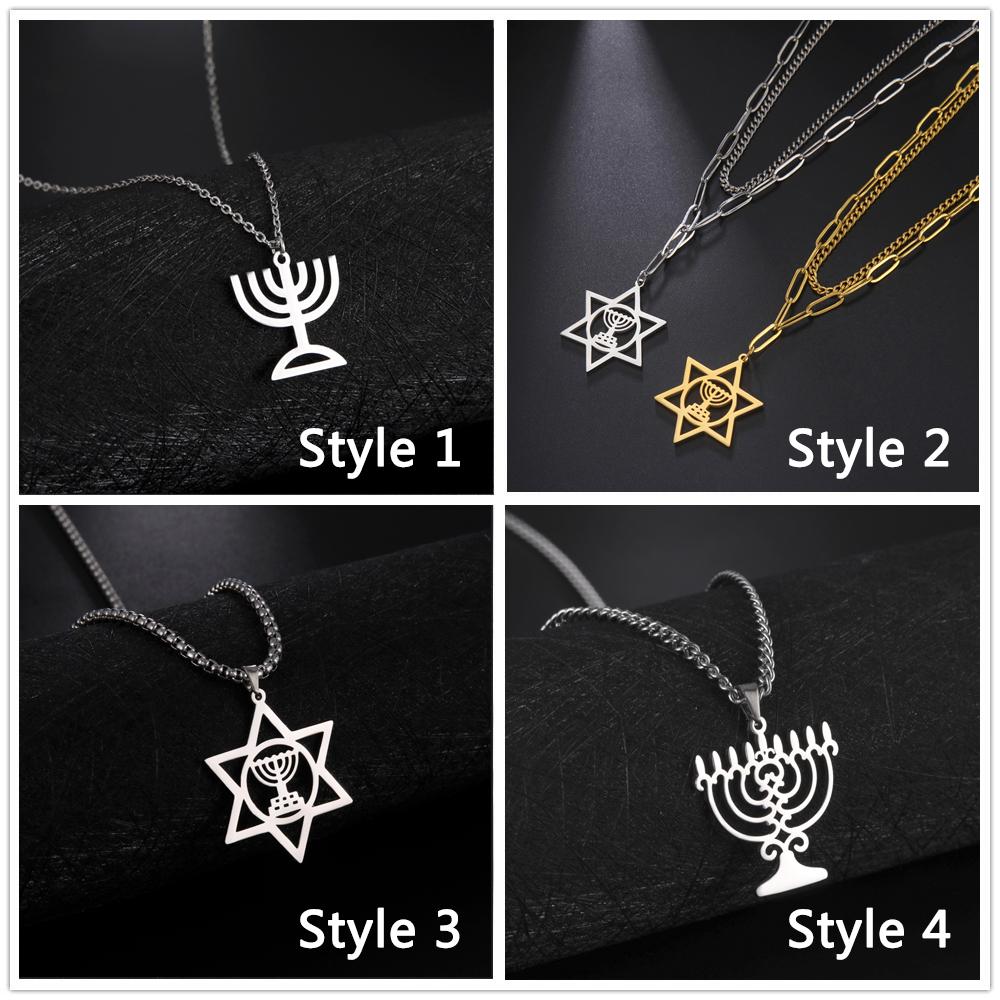 Lucktune Judaism Menorah Pendant Necklace Stainless Steel Lampstand Sacred Amulet Chain Necklace for Women Men Vintage Jewelry