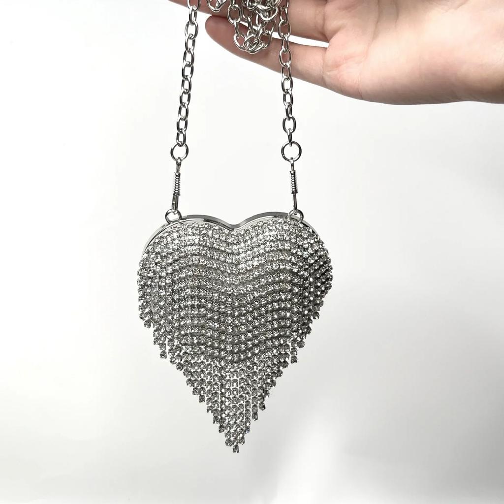 Luxury Small Bling Heart Shape Diamond Evening Clutch Rhinestones Purse Ladies Fashion Bag Designer for Women Chain Shoulder Bag