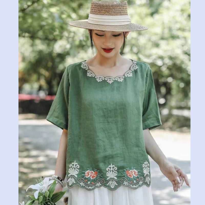 This year's new cotton and linen short-sleeved women's embroidery literary and retro style casual versatile loose round neck summer comfortable thin