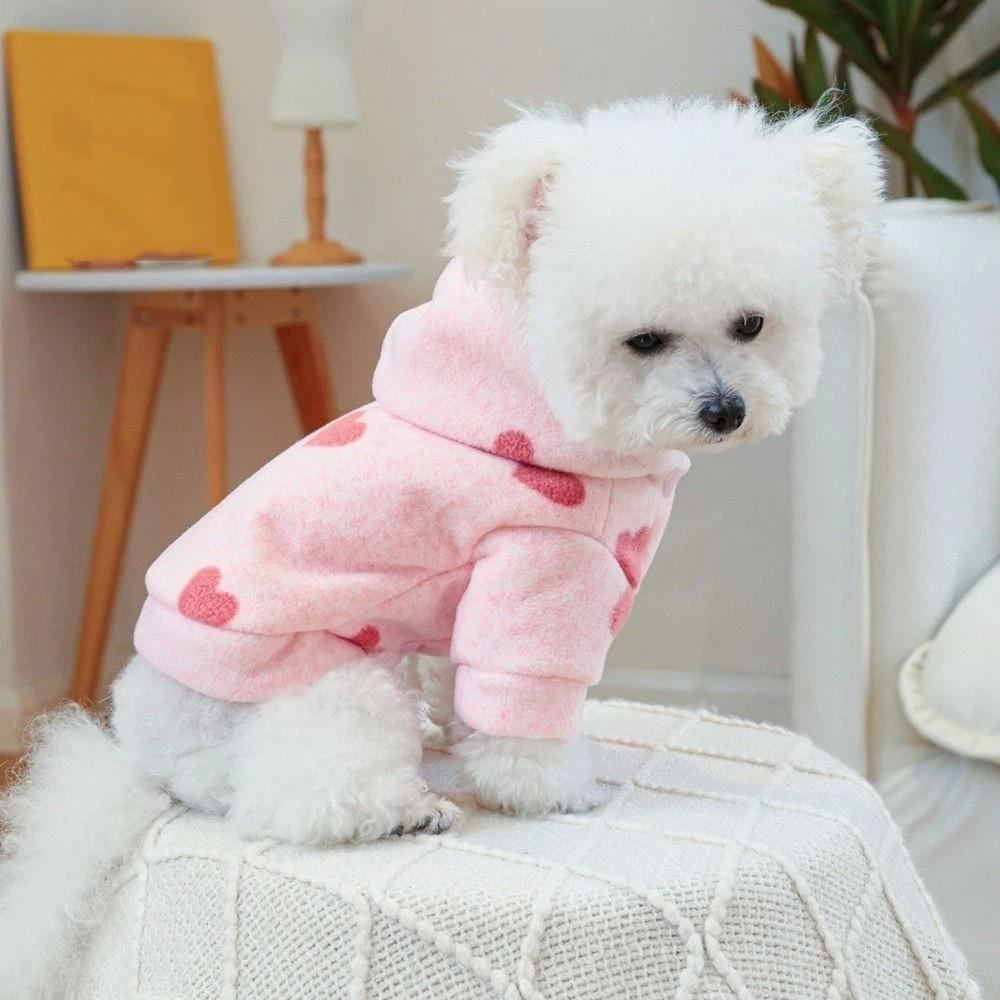Cute Pet Hooded Cardigan Pink Heart Print Dog Hooded Jacket  Winter Season