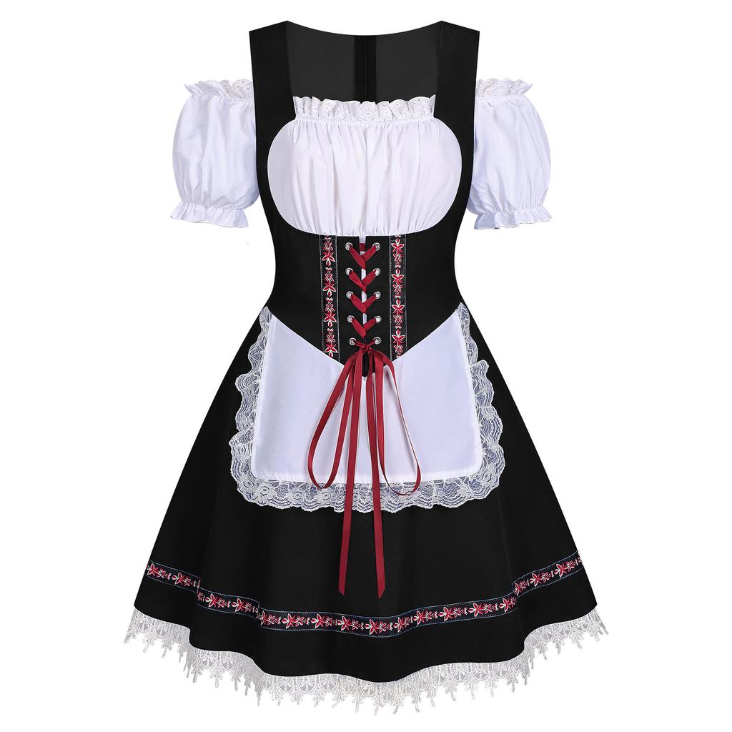 Women Oktoberfest Dirndl Dress Bavarian Beer Maid Costume Off Shoulder Puff Sleeve Lace Apron Dress For Halloween