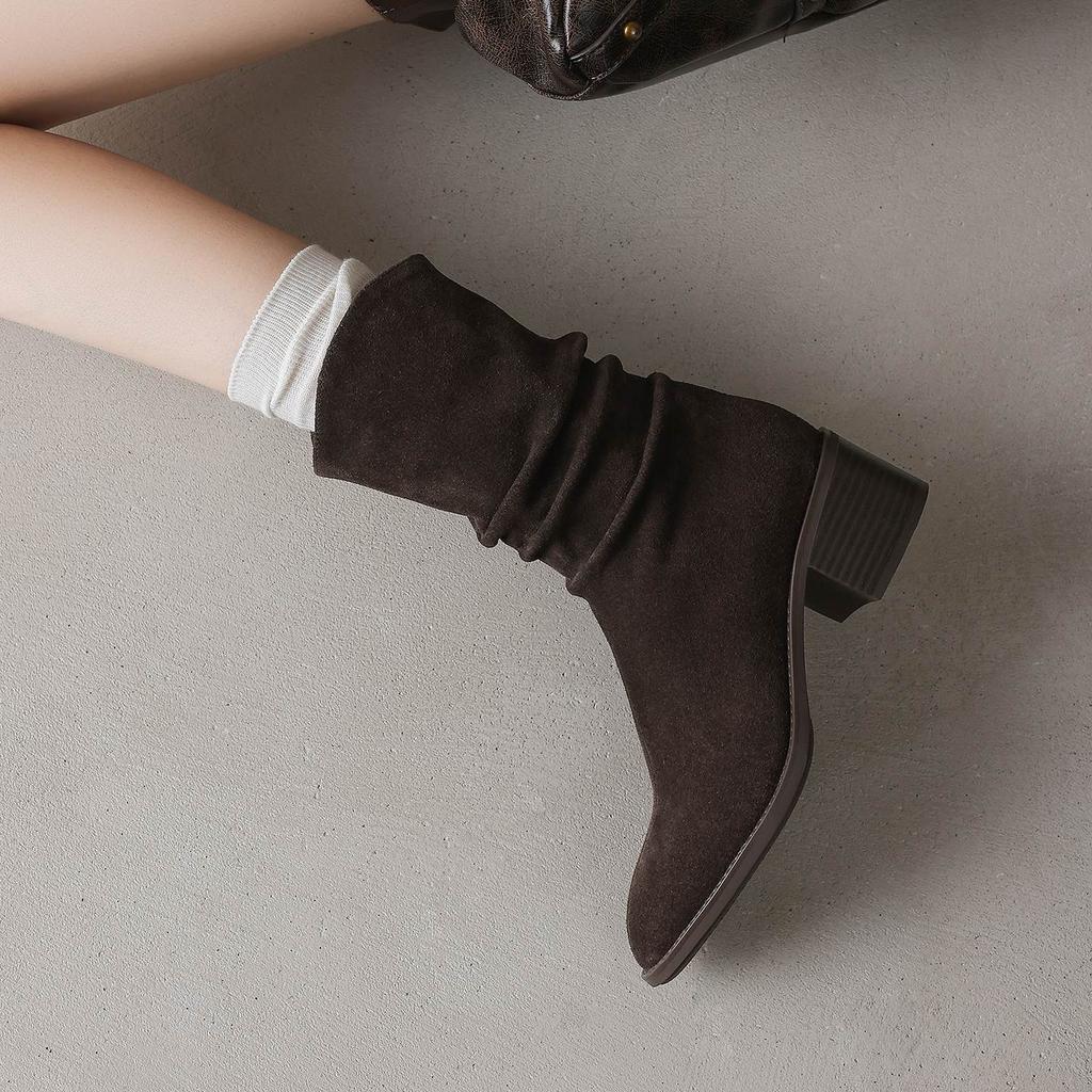 Krazing Pot Cow Suede Nubuck Round Toe Thick Heels Western Boots Size 42 Slip on Women Pleated Decoration Mid-calf Boots