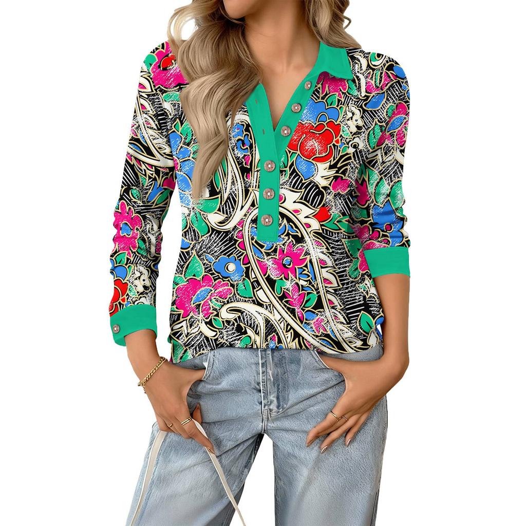 Women's Relaxed V,neck Long,sleeved Button,down Floral Pullover Top