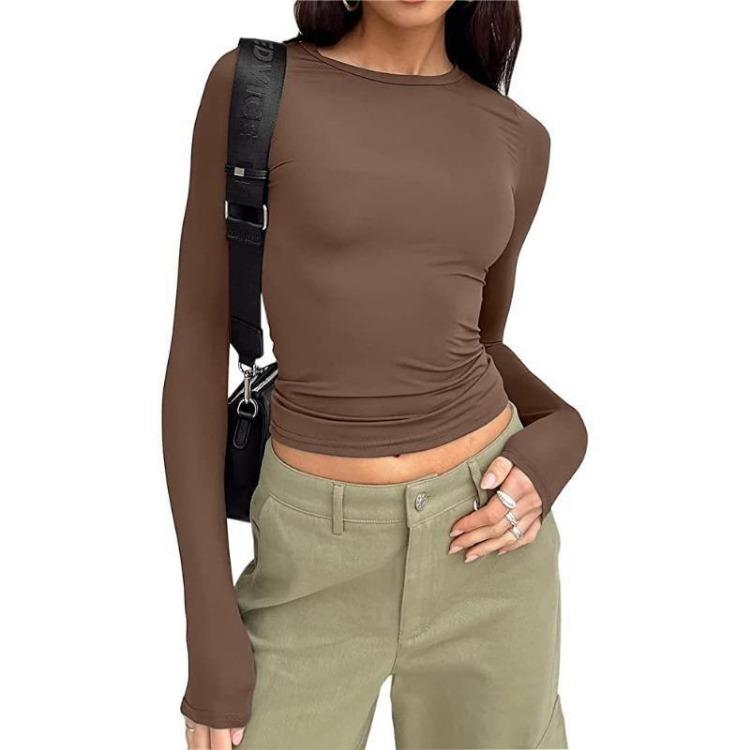Autumn Fashion Slim Long Sleeve T Shirt Women Solid Color Round Neck Top Wear Inside or Outside