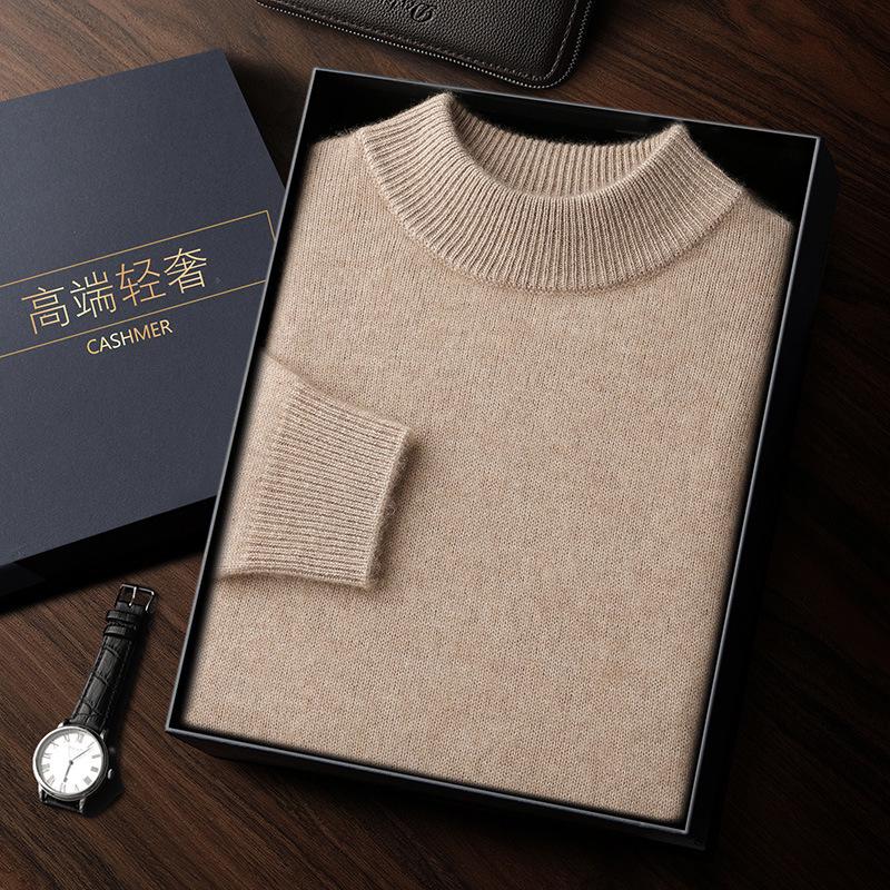 Men's Double-Thick Lamb Cashmere Sweater, Solid Color, Round Neck, Autumn/Winter Base Layer.
