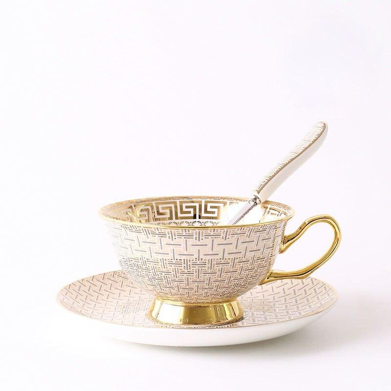 1 Set Light Luxury Bone China Coffee Cup and Saucer White/black Grid Tea Cup Gold Edge Inlay Tableware Gift