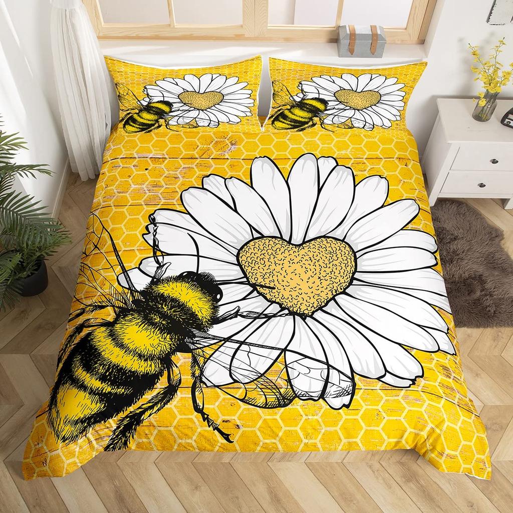 Bee Duvet Cover Twin Honeybee Bedding Set Farmhouse Wild Animal Comforter Cover Boho White Daisy Flowers Floral Wreath Bed Set