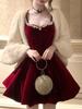 SISI JIANG "New Year Battle Robe" - French Lady Red Velvet Rhinestone Waist-Cinching Elegant Puff Skirt Dress