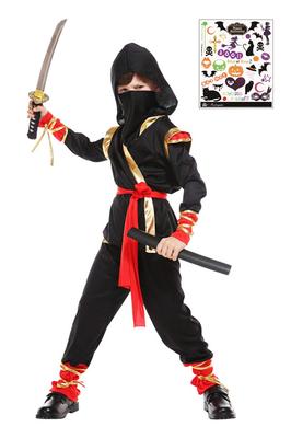 Madrugada Ninja Authentisches Schwarzes Outfit Kinderkostüm Halloween 2-teiliges Set mit Tattoo-Aufklebern für Jungen S729 (M)
