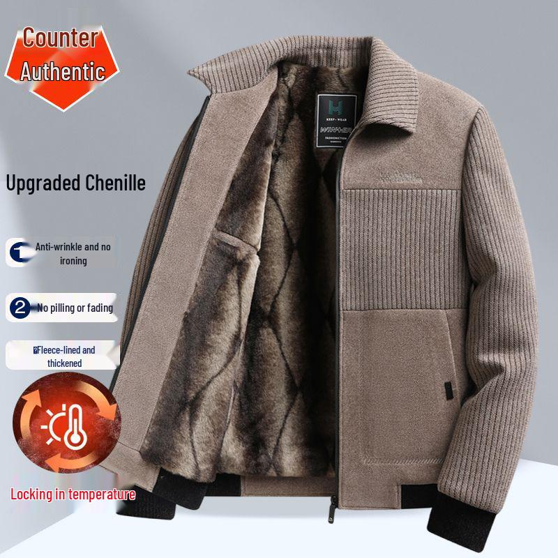 Men's Chenille Lapel Woolen Coat - Velvet Lined Winter Jacket for Middle-Aged and Elderly Dads