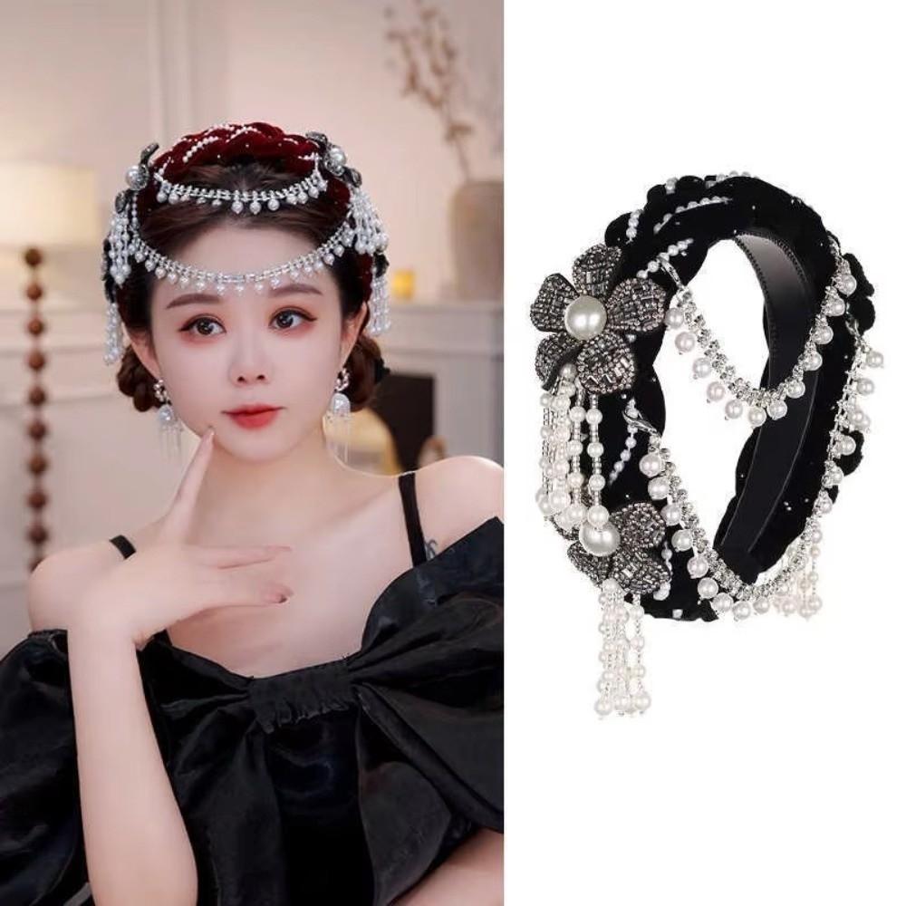 New Detachable Pearl Tassel Headband Ethnic Style Pearl Headband Bridal Headdress Wide-format Flower Headband
