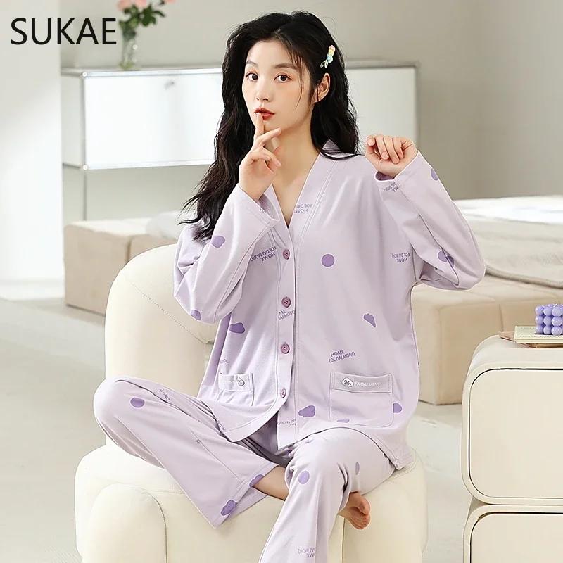 SUKAE New M-5XL Autumn Winter New Cotton Women Pajamas Lady Pijamas Set Loungewear Kimono Cardigan Long Sleeves V-neck Homesuit