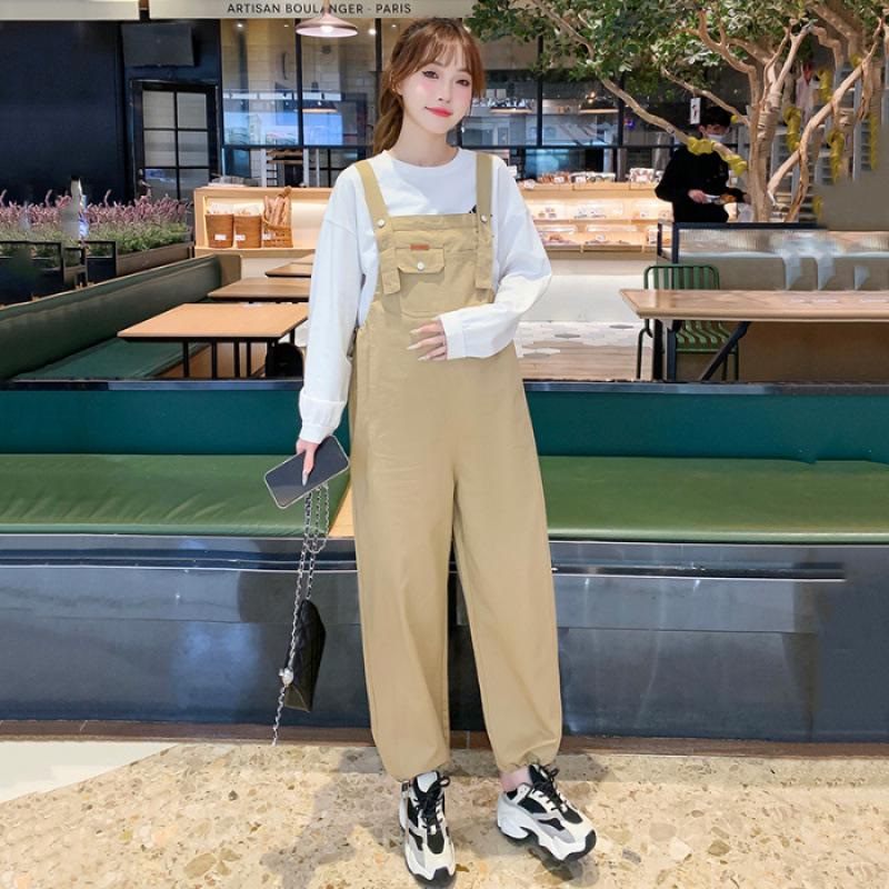 Spring Fashion Washed Cotton Maternity Overalls - Loose Straight Leg M