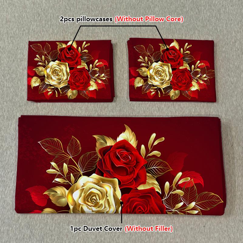 3pcs Golden Rose Duvet Cover SetSoft And Breathable Bedroom And Dormitory BeddingInclud (Duvet Cover*1+Pillowcase*2)