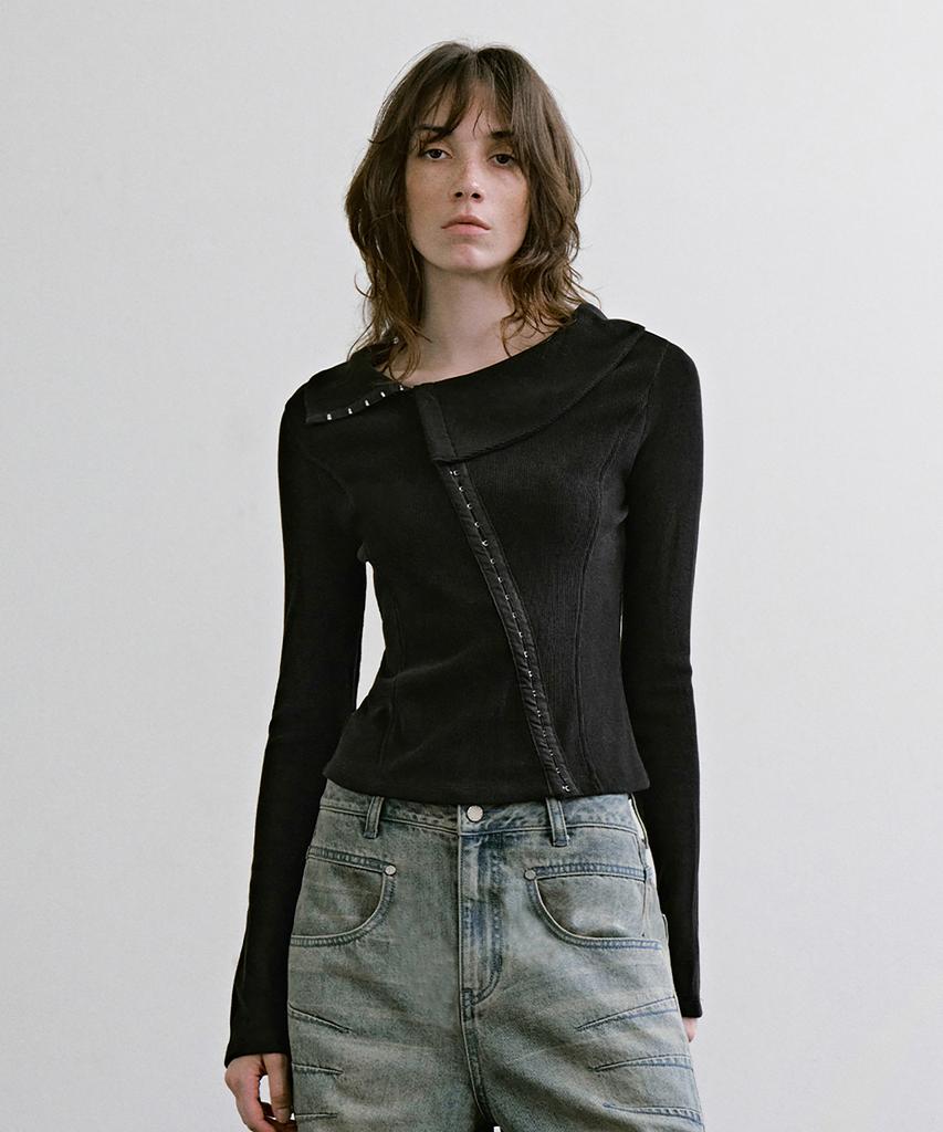 TREEMINGBIRD Asymmetric Hook Long Sleeve Top [ Black ]