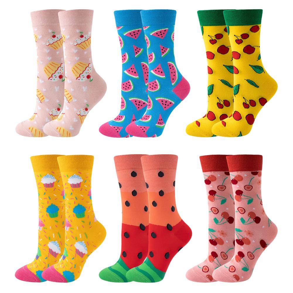 6 Paar Neue Mode Niedliche Fröhliche Mid-Tube Damen Socken Wassermelone Kirsche Katze Hund Flamingo Kuh Lieblich Lässig Lustige Socken