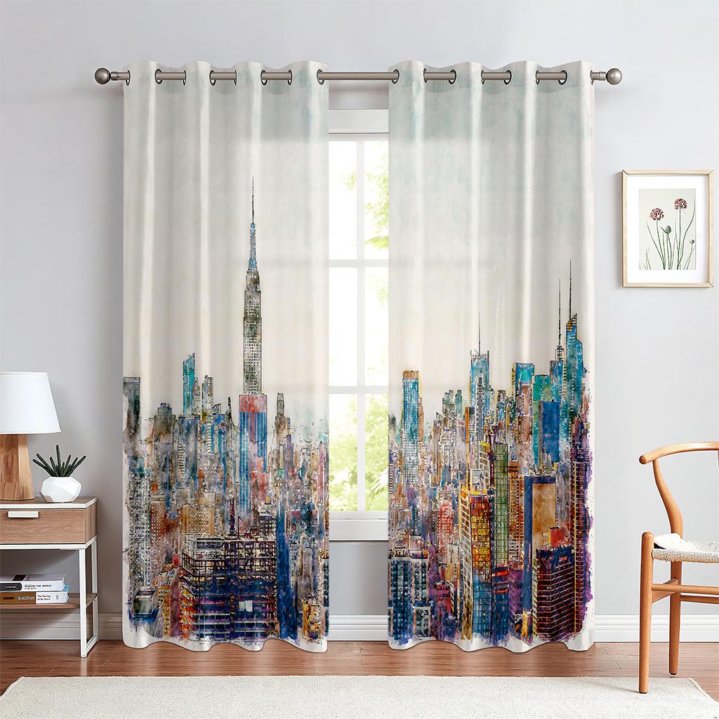Stadtgebäude 3D-gedruckte Vorhänge Straßenansicht Flussblick Schwarzweiß Handgemalt Industriestil Wohnzimmer Vorhänge 2 Stück