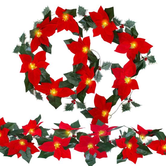 Fireplace String Light Garland LED Warm Light Wireless Christmas Wreath Garland with Flowers