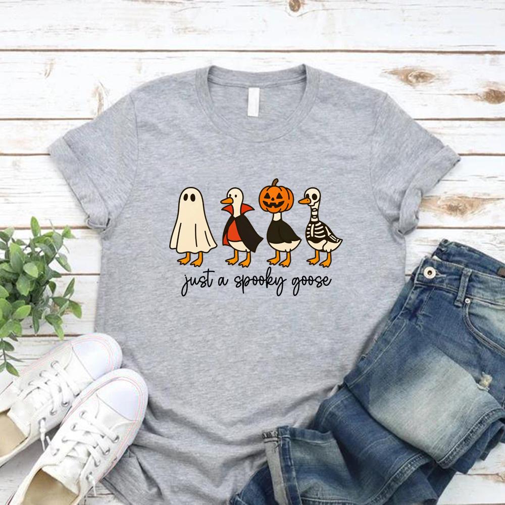 Just A Spooky Goose Tshirt Funny Halloween Goose T Shirt Unisex Women Short Sleeve Graphic Tees Cute Horror Tshirt Halloween Gift