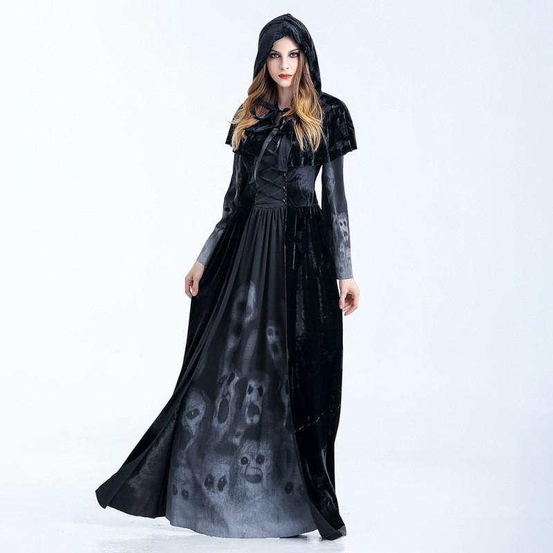 Stylish Halloween Skeleton Print Witch Vampire Costume For Women With Hooded Cloak And Skirt