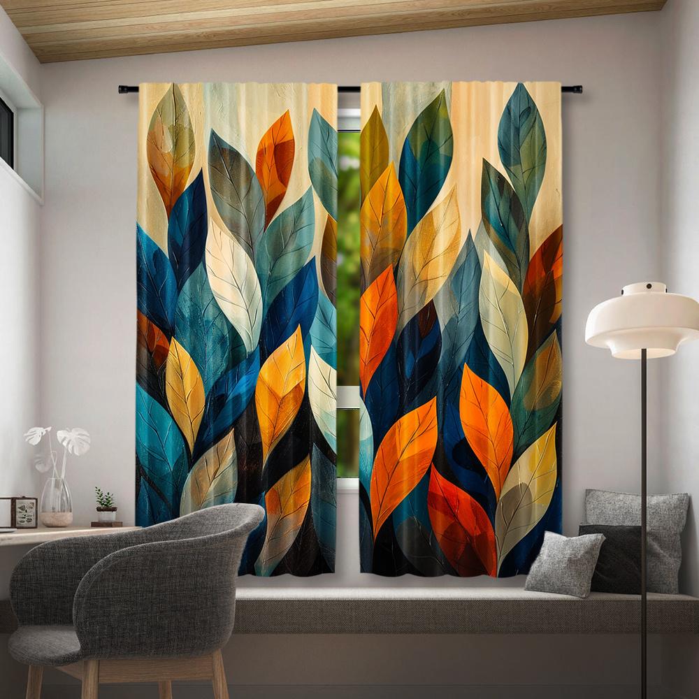 2pcs Vibrant Abstract Leaf Print Curtains - Rod Pocket   Semi-Transparent Polyester   Machine Washable - Ideal for Bedroom   Office