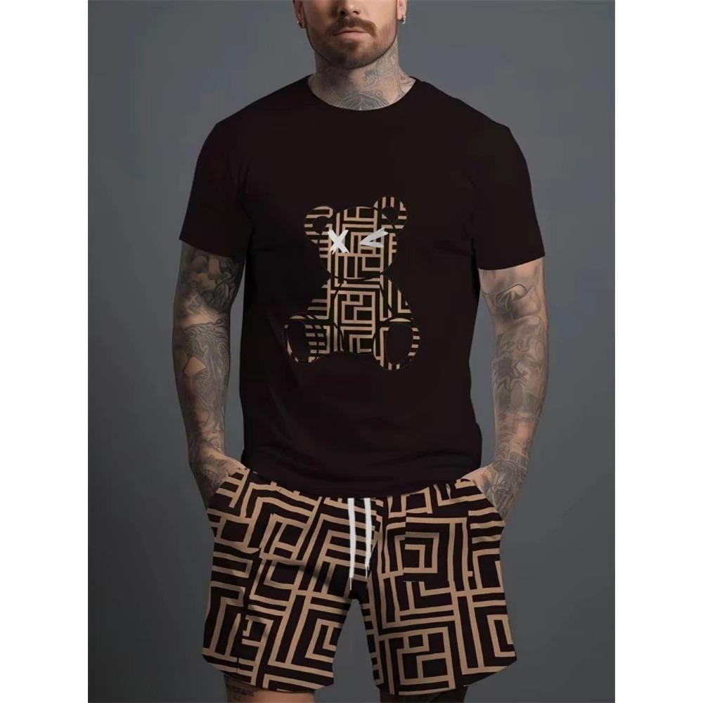 Men's Daily Casual Set Outdoor Casual Men's Beach Shorts Urban Trend Bear Print Short Sleeved T-shirt Lightwe