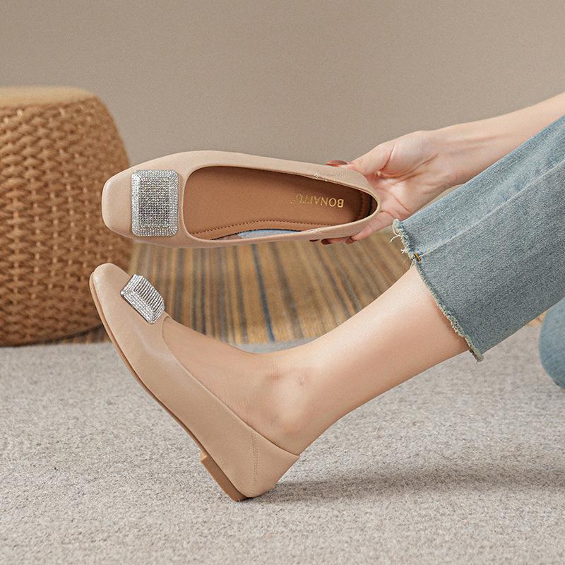 Women's Genuine Leather Flat Shoes - French Low-Cut Square Toe, Soft Sole, Plus Size 41-43, 2025 New Evening Breeze