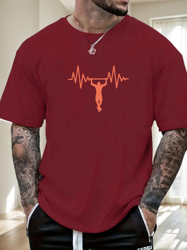 Mens Casual Tshirt Gymnastics Heartbeat Print Short Sleeve Round Neck Breathable Soft Oversized Sporty Daily Tee