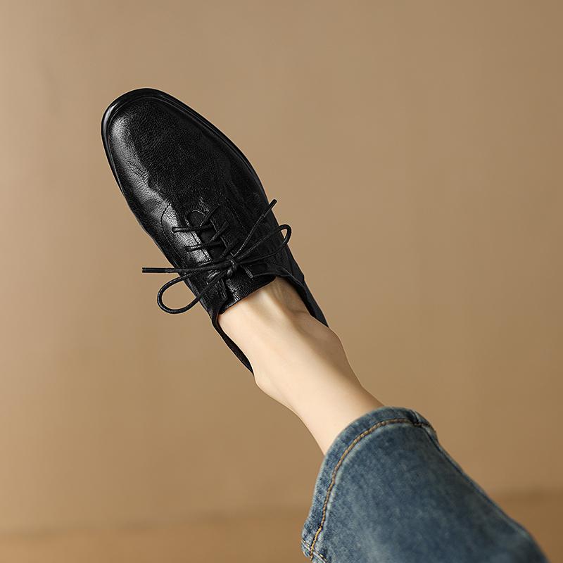 Mote 2025 Ny Vår Ekte Skinn Damesko Rund Tå Pumps Sko for Kvinner Loafers Damesko Retro Oxford
