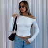 Women Shirt Diagonal Asymmetrical Solid Color Umbilical Top Long-sleeved Sexy Slim-fit T-shirt