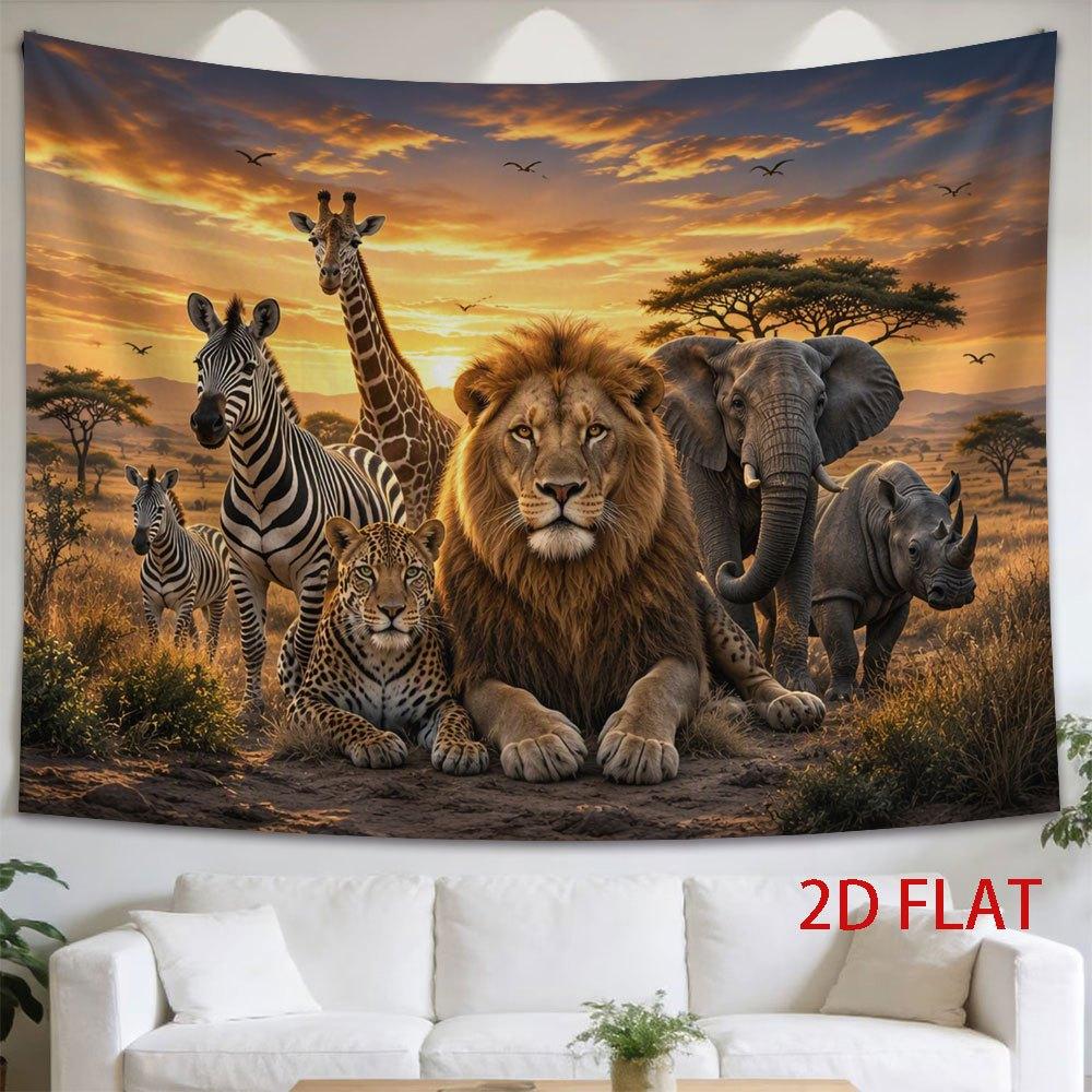 2D Flat, 1pc 2D Flat Tapestry African Savanna Wildlife Gathering at Sunset, Featuring Lion, Elephant, Giraffe, Zebra, and Rhino in a Majestic Golden H