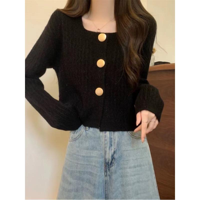 Damen Herbst/Winter Einfarbig Quadratischer Ausschnitt Knopf Strick Cardigan Pullover