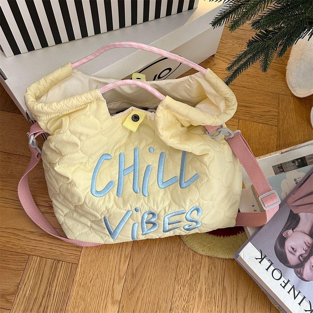 

Large Capacity Nylon Padded Tote Bag Embroidery Down Fabric Shoulder Bag Shopping синій