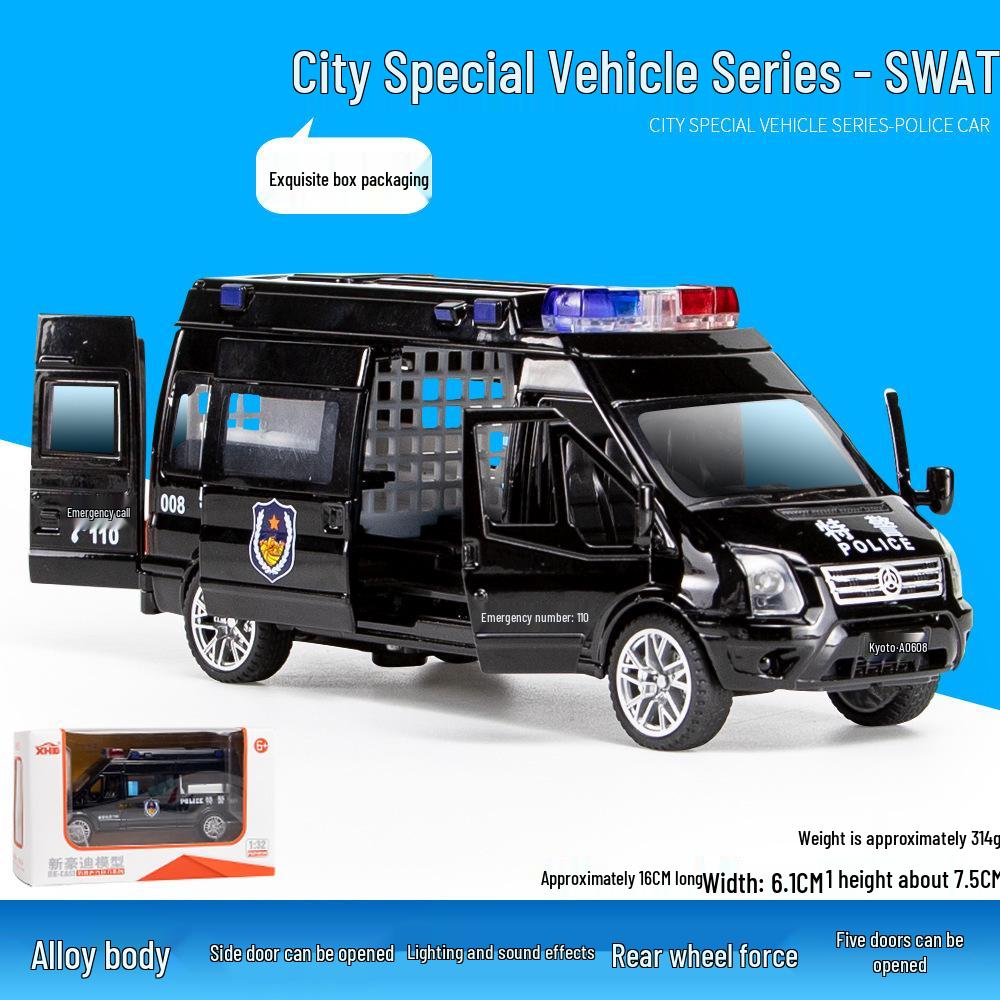 1:32 Pull-Back Alloy Police Car Toy with Lights & Sound – Six-Opening Doors for Kids