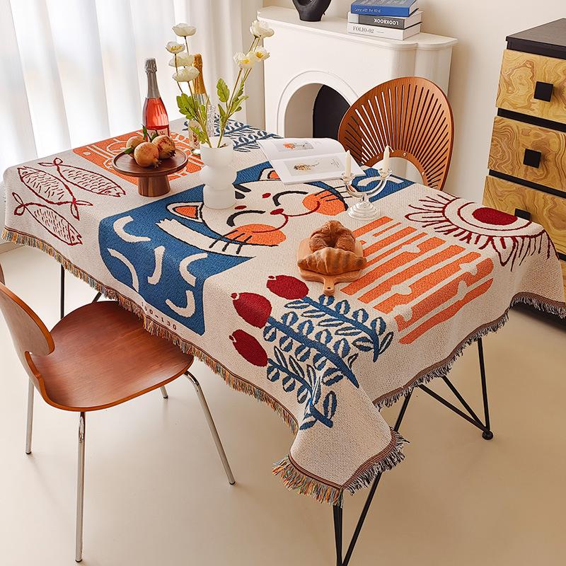 Boho Cotton Linen Tassel Tablecloth for Round Coffee & Dining Tables