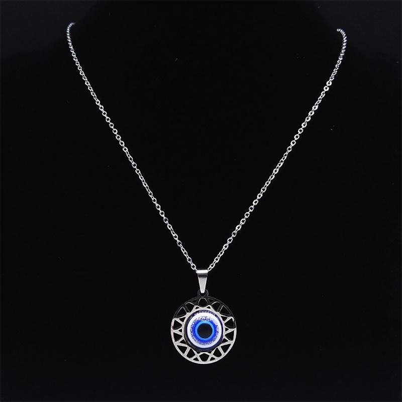 Fashion Turkish Blue Eye Pendant Necklace Stainless Steel Silver Color Blue Lucky Eyes Necklaces Gift Jewelry Collier N8023S01