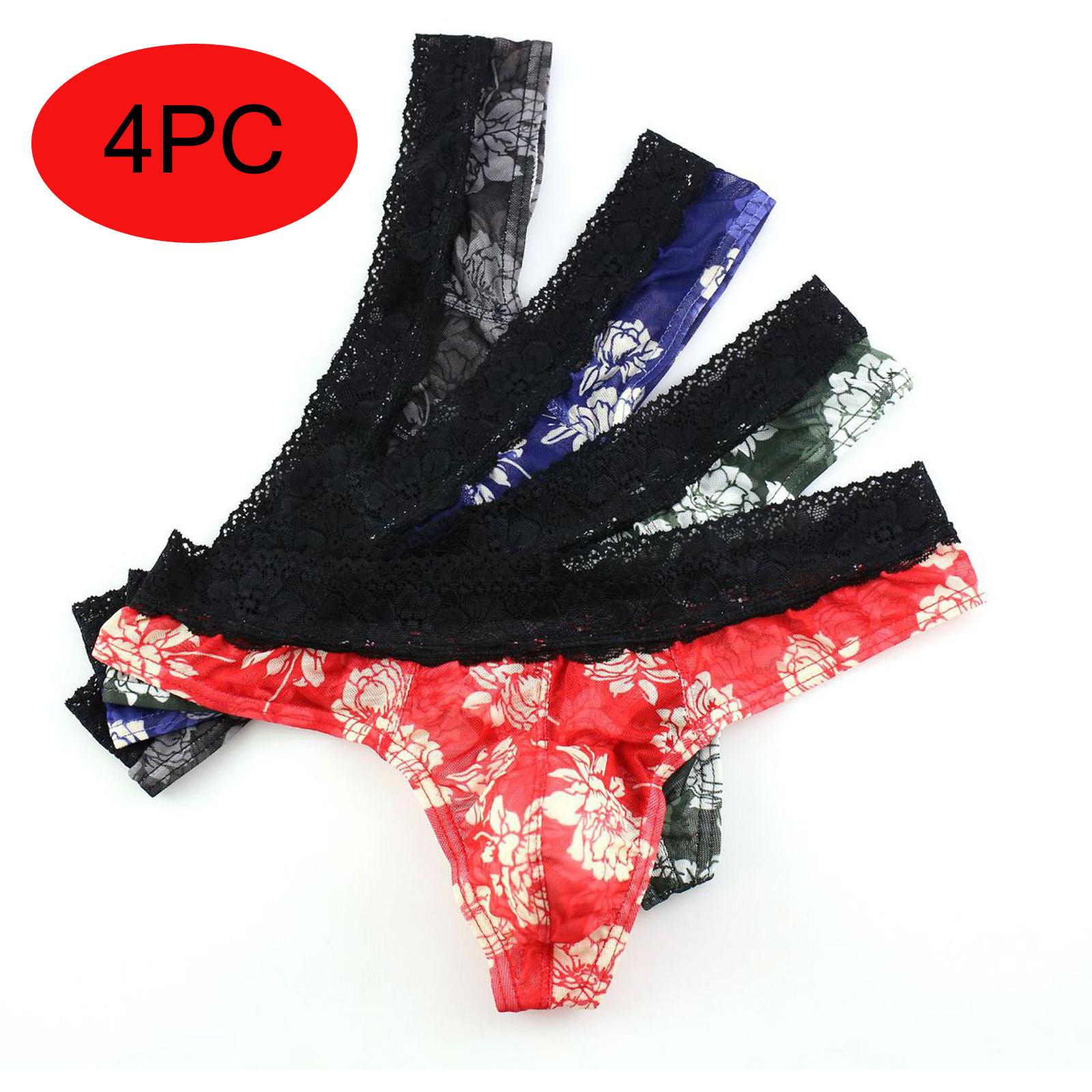 

4PC Мужское нижнее белье Thong Брюки Печатные Прозрачные кружева Дышащий трусы