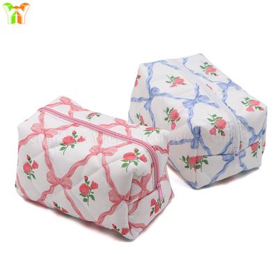 New Cute Quilted Bow Makeup Bag Coquette Small Pouch Floral Cosmetic Bag Cotton Toiletry Organizer Bag