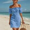 European and American Holiday Style One-word Shoulder Bubble Sleeve Dress Short Skirt Summer New Slim and Thin