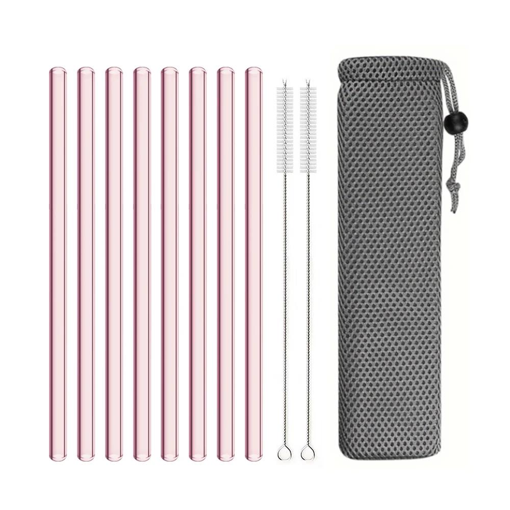3/5/10/11Pcs Reusable Glass Straws Pink Glass Drinking Straws 8mm Tubes Juice Smoothie Tea Straws Glasses Straw Set for Drink