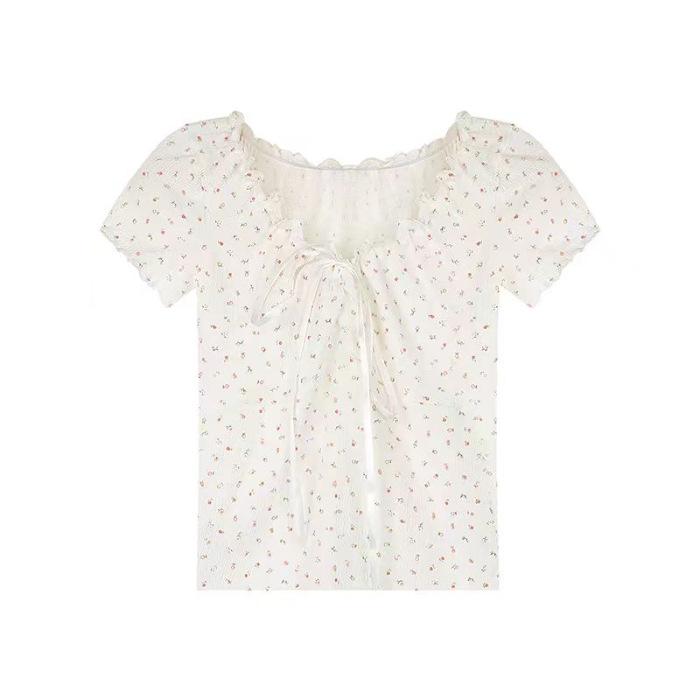 

Шикарная футболка с короткими рукавами. Летний новый облегающий женский топ с цветочным принтом и шнуровкой. XL