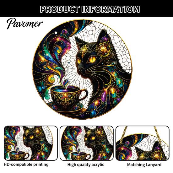Decorative Window Sun Catcher Stained Glass Style Black Cat And Magic Coffee Cup Hanging Ornament for Wall Handcrafted Artistic Gift Decor,
