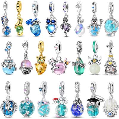 Colorful Copper Glow In The Dark Snowflake Snowglobe Dangle Charms Fit Necklaces For Women Bracelets Glass Bead Gifts