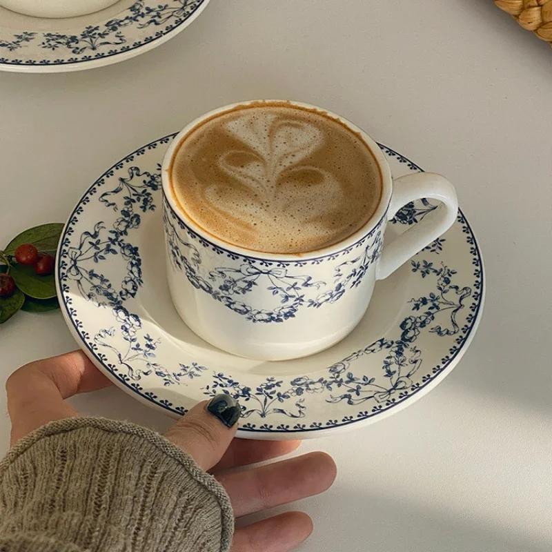 French Retro Floral Cup Plate Set, Office Coffee Cups, Floral Flat Plate with Antique Tableware, Pasta Dessert Cake Ceramic Mug